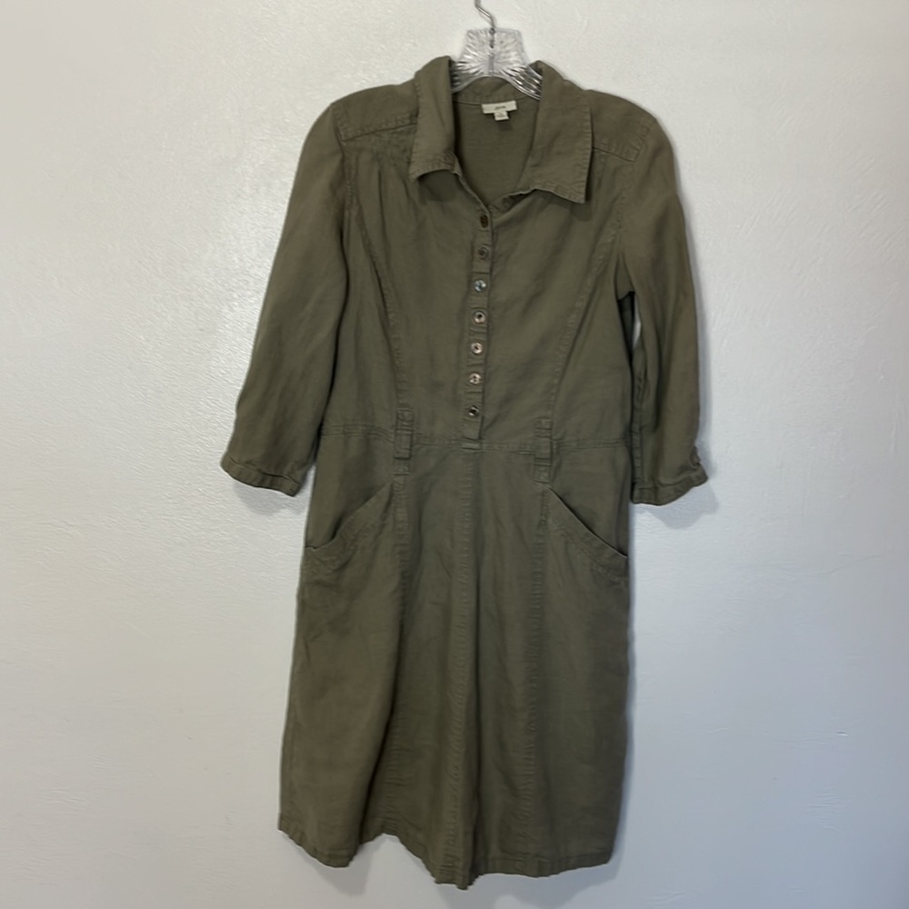 J. Jill Women Dress‎ 100% Linen Size 4 Kha Tan Green Popover 3/4 Sleeve Pockets - Picture 7 of 13